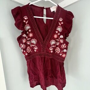 Audrey Parks Francesca's Burgundy Floral Embroidered Size Small Top